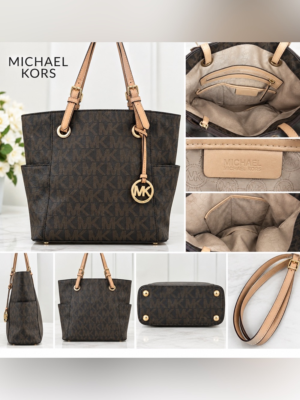 Michael Kors Signature MK Brown Monogram Tote Bag Tan Leather Gold Hardware